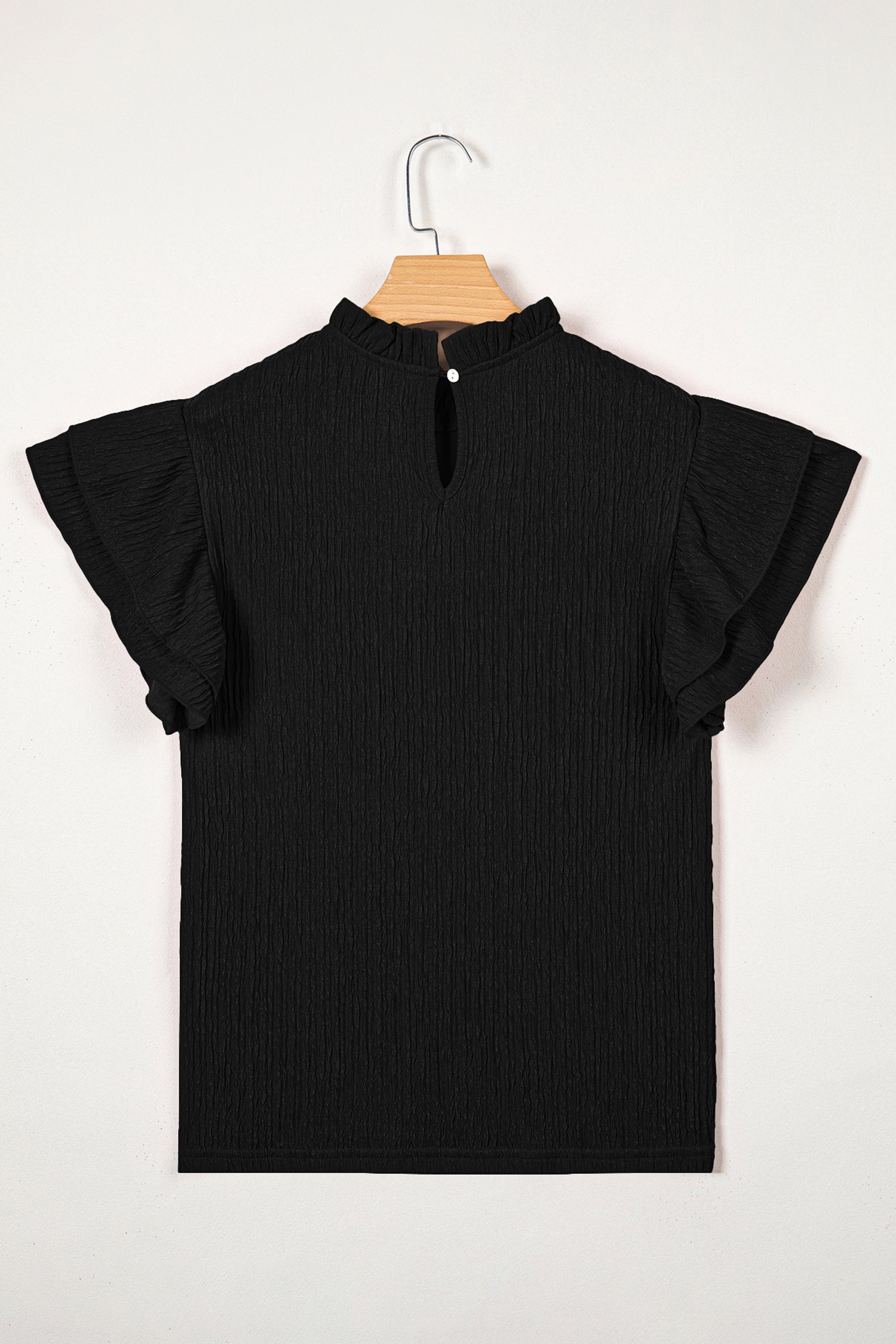 Solid Textured Ruffle Trim Short Sleeve Blouse - Feminine Top