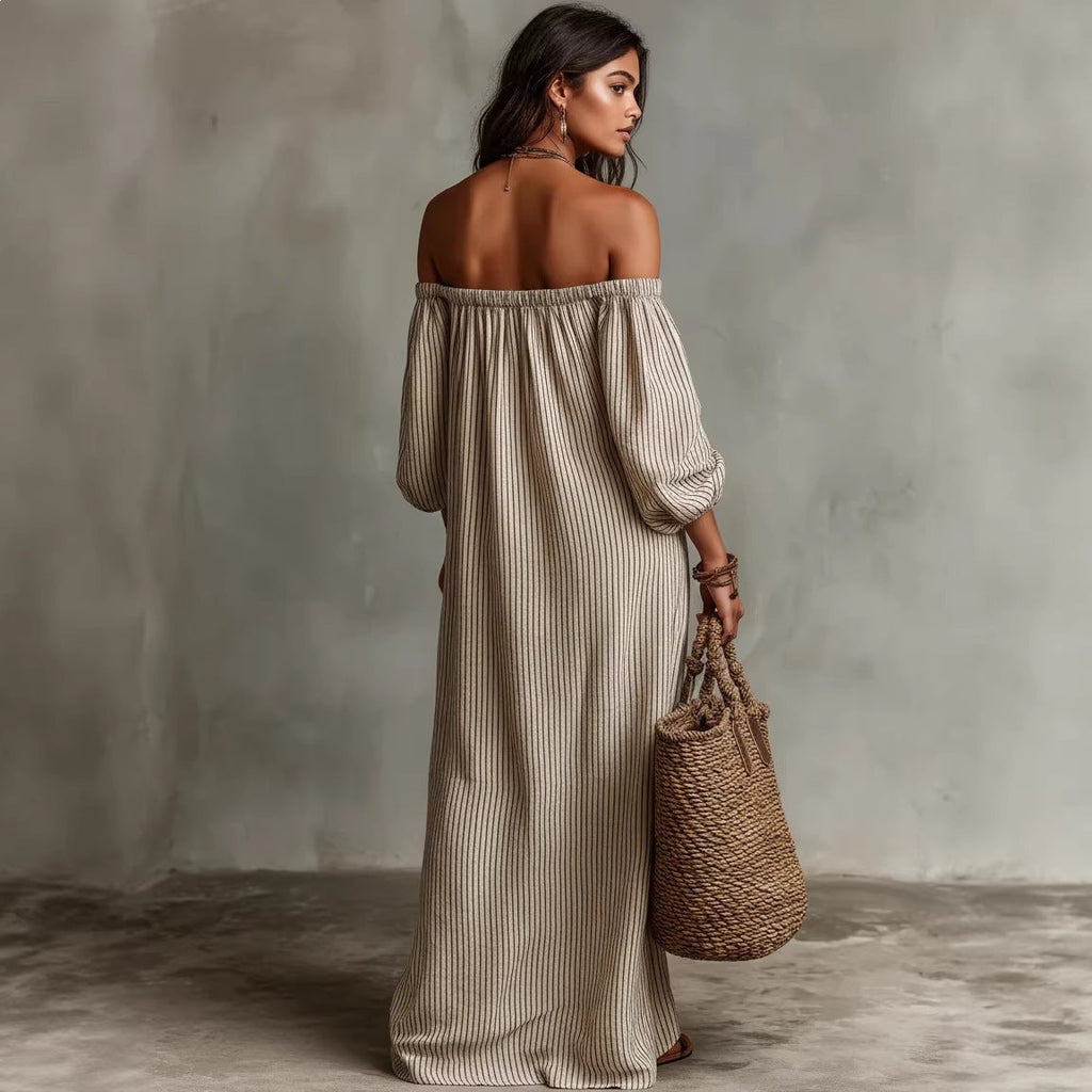 Striped Off-Shoulder Long-Sleeve Maxi Dress for Women - Image 4