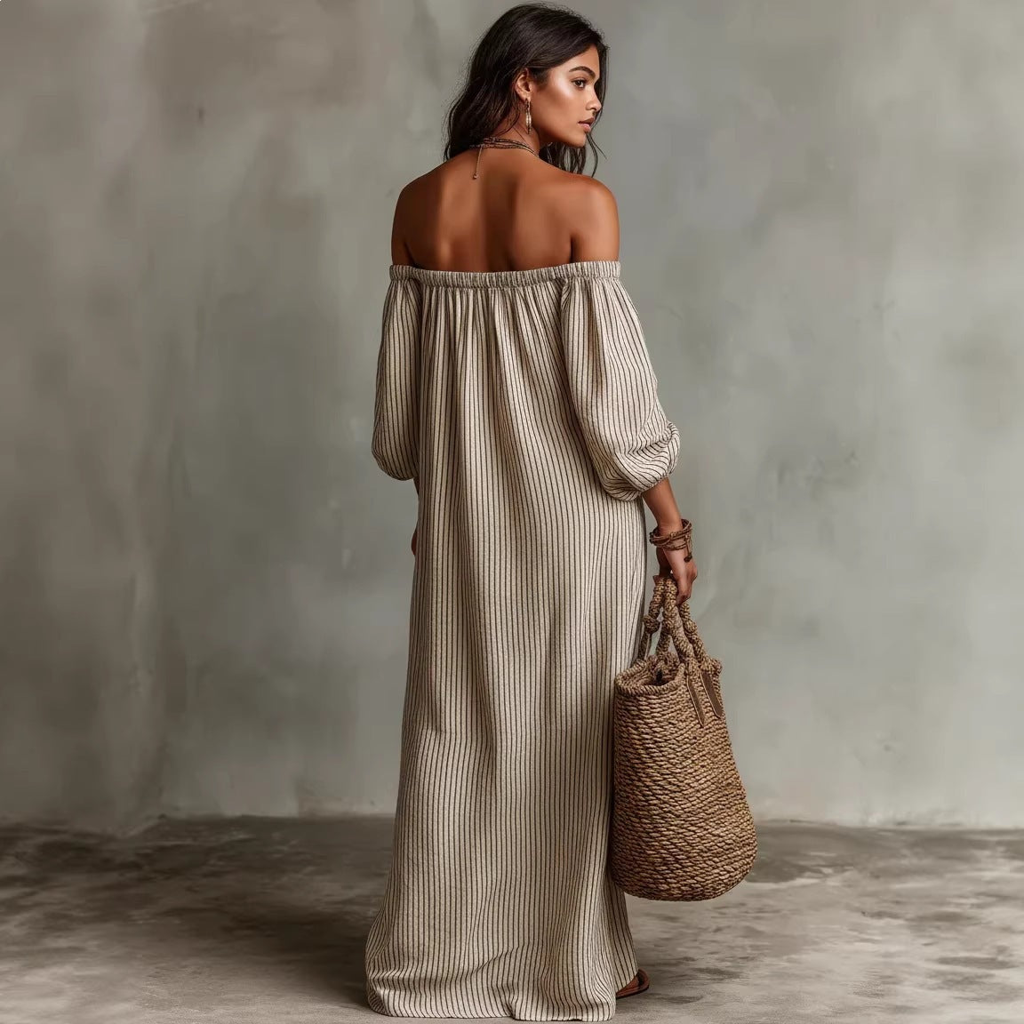 Striped Off-Shoulder Long-Sleeve Maxi Dress for Women - Image 4