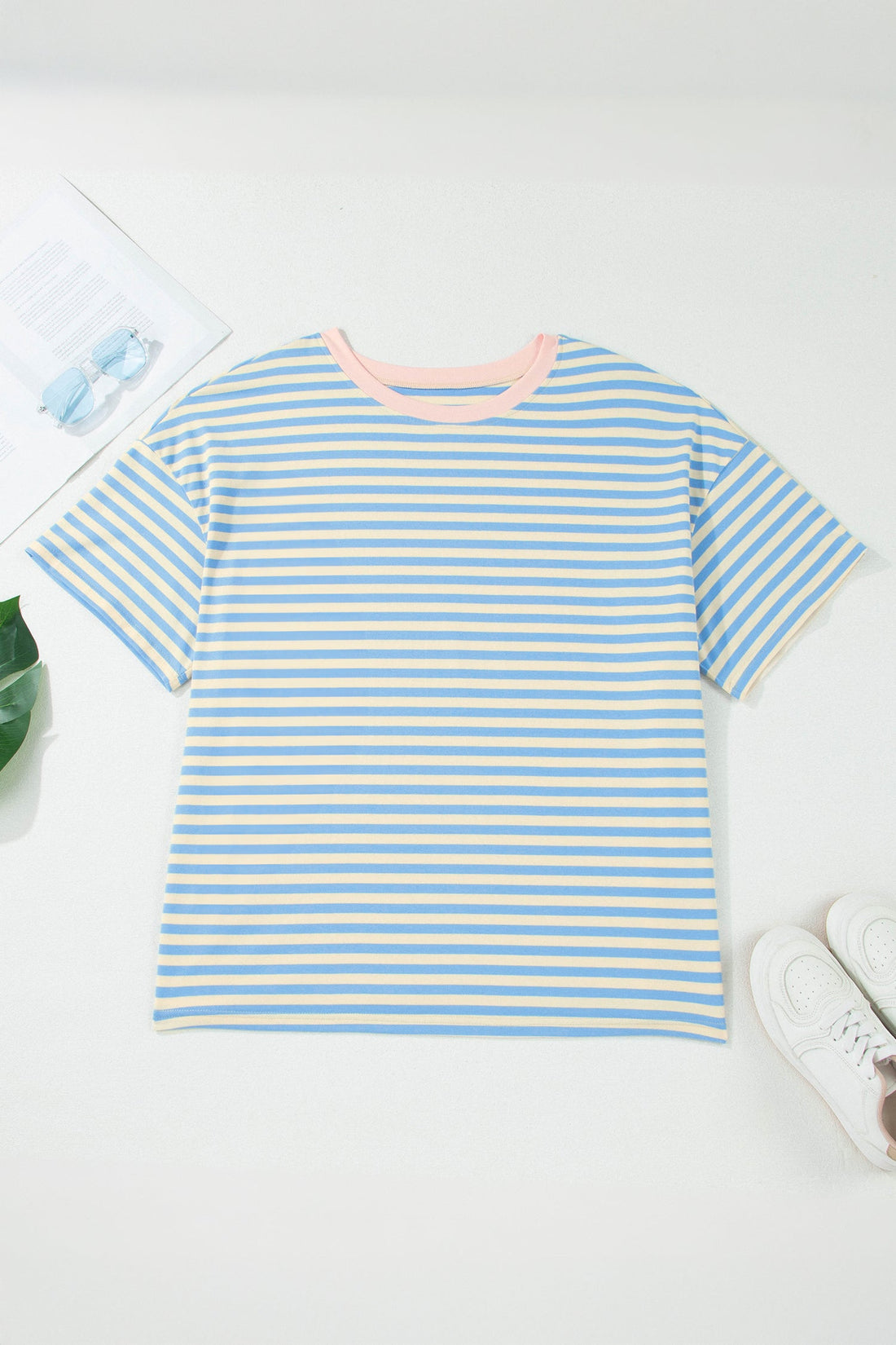 Striped Short Sleeve Tee with Contrast Collar in Blue and Yellow