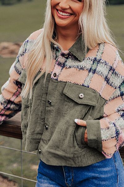 Plaid Corduroy Button Up Jacket with Flap Pockets