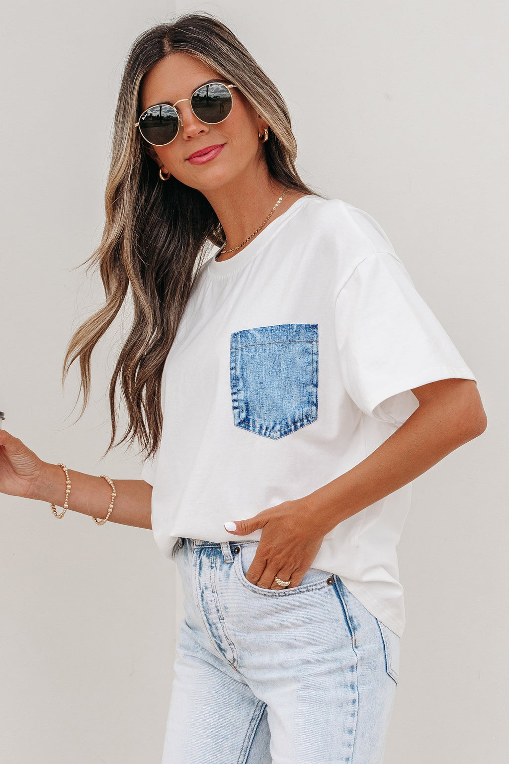 Colorblock Chest Pocket Patch Short Sleeve Top