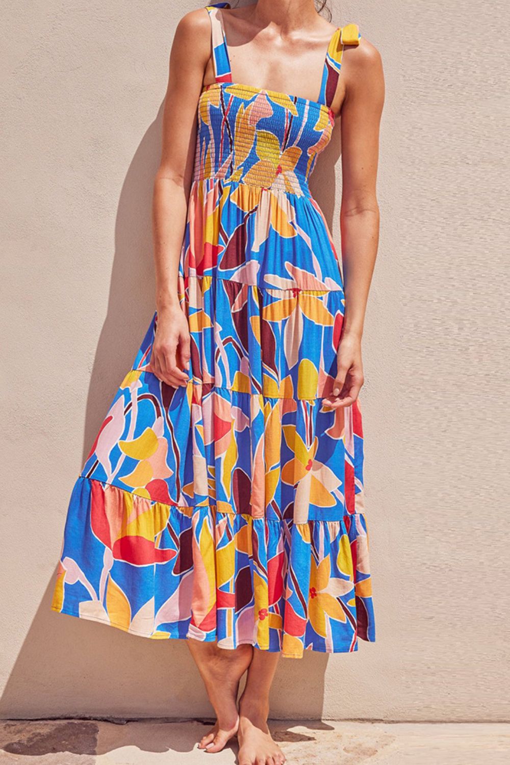 Multicolored floral print smocked maxi dress with tie-shoulder straps