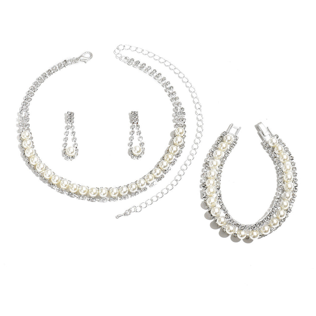 European And American Jewelry Wedding Dress Dinner Photography Accessories Pearl Rhinestone Chain Necklace Earrings Bracelet Three-Piece Set