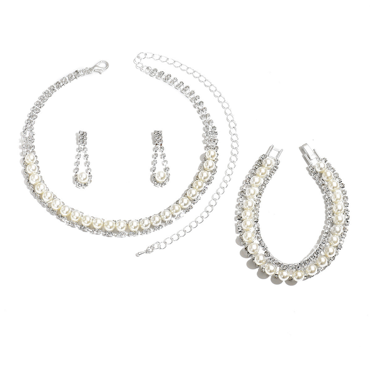 European And American Jewelry Wedding Dress Dinner Photography Accessories Pearl Rhinestone Chain Necklace Earrings Bracelet Three-Piece Set
