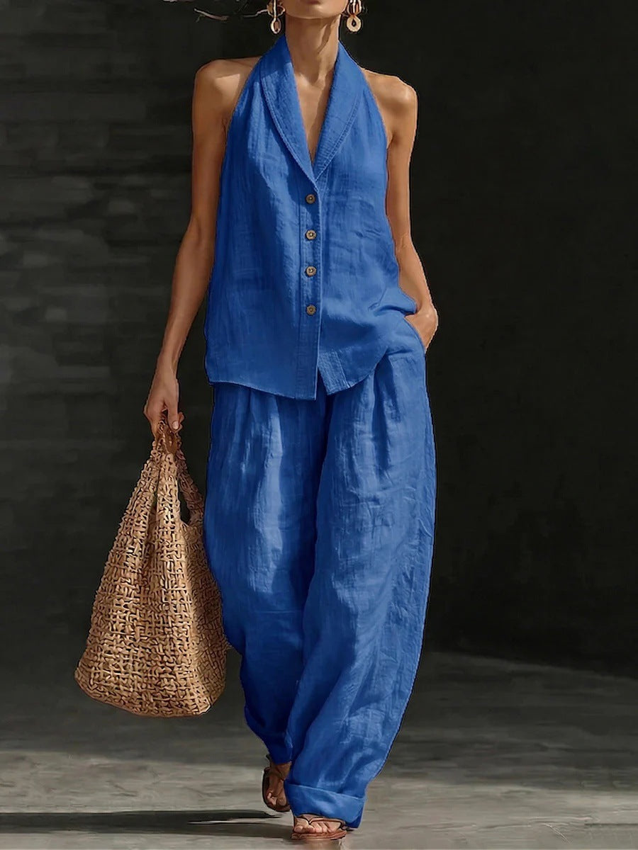 Women's Sleeveless V-Neck Vest and Wide-Leg Cotton Linen Pants Set - Image 7