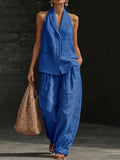 Women's Sleeveless V-Neck Vest and Wide-Leg Cotton Linen Pants Set - Image 7