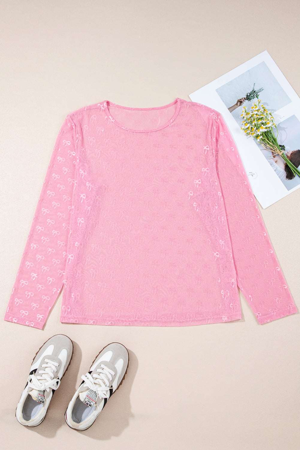 Plus Size Bow Tie Mesh Embroidered Long Sleeve Top