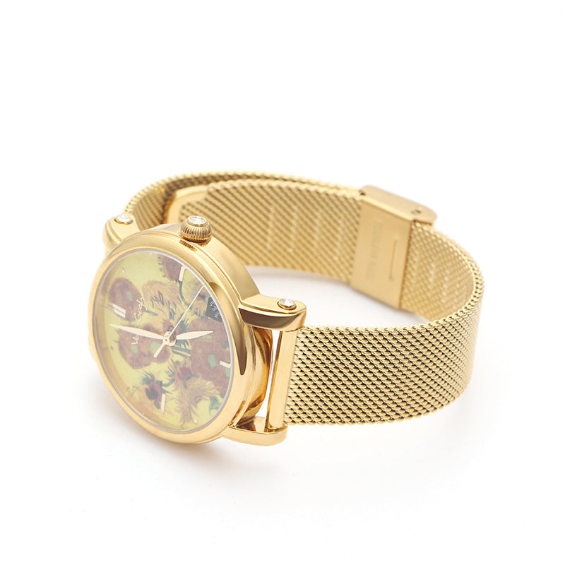 Van Gogh Women's Quartz Watch 3D Printed Oil Painting Dial Steel Strap Sunflowers