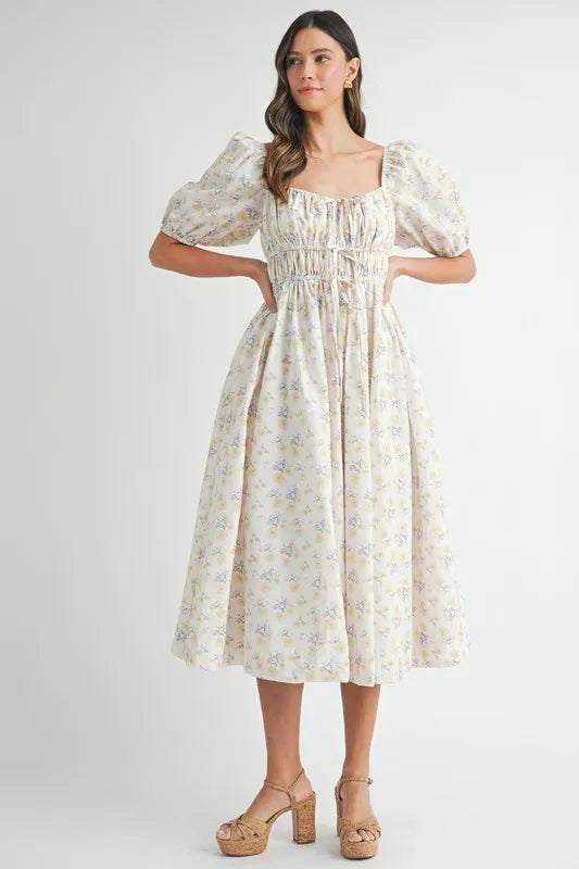 Floral print midi dress with puff sleeves and adjustable drawstring detail