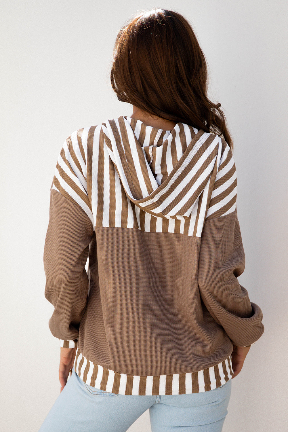 Stripe Patchwork Waffle Knit Buttoned Hoodie
