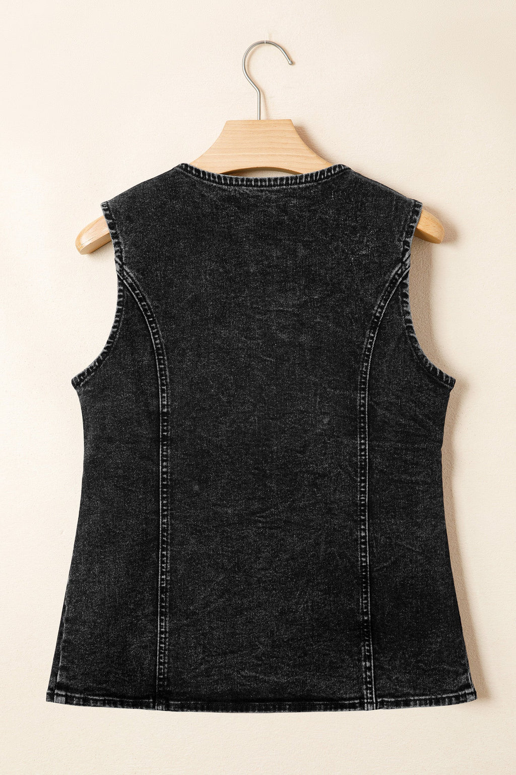 Solid Denim Buttoned Front Slit Vest - Blue and Black