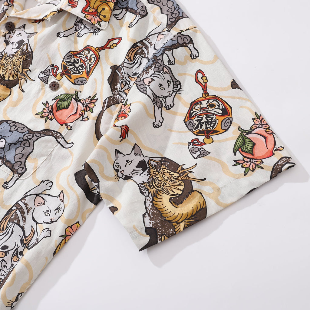 Men's Ukiyo-e Cat Print Cotton Hawaiian Camp Collar Short Sleeve