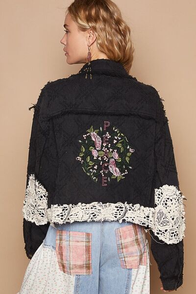Black Button-Up Jacket with Crochet Patches and Embroidery