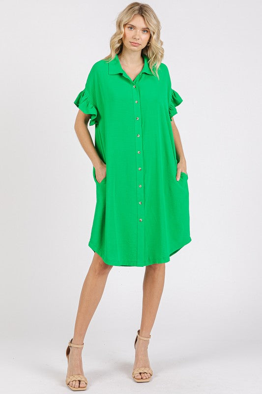 Button Down Midi Dress with Flounce Sleeves and Pockets