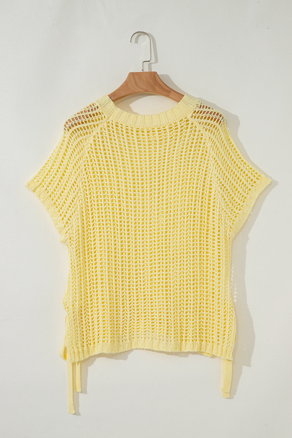 Yellow Hollow-out Crochet Short Sleeve Sweater with Side Ties