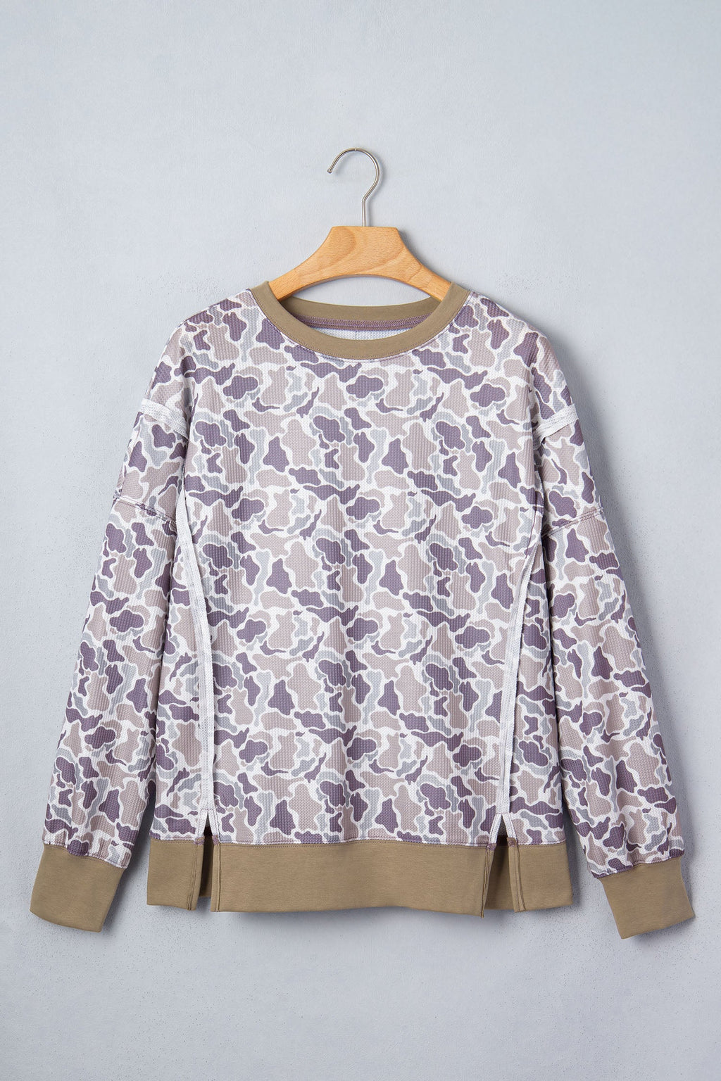 Camo Contrast Trim Waffle Knit Long Sleeve Top