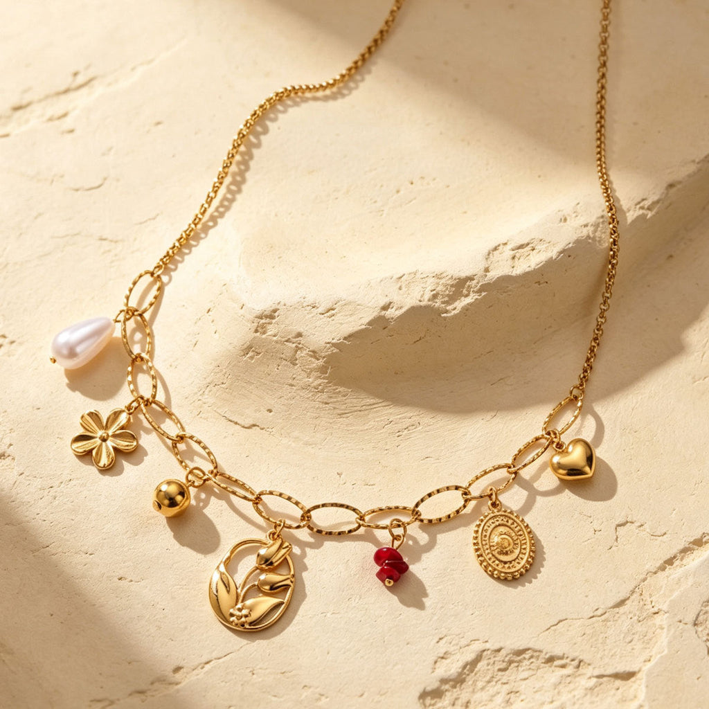 Women Paperclip Multi Charm Necklace, Vintage Coin Flower Heart Tulip Faux Pearl Beaded Chain PVD Gold Plated Adjustable Collarbone Jewelry For Daily Vacation Gift