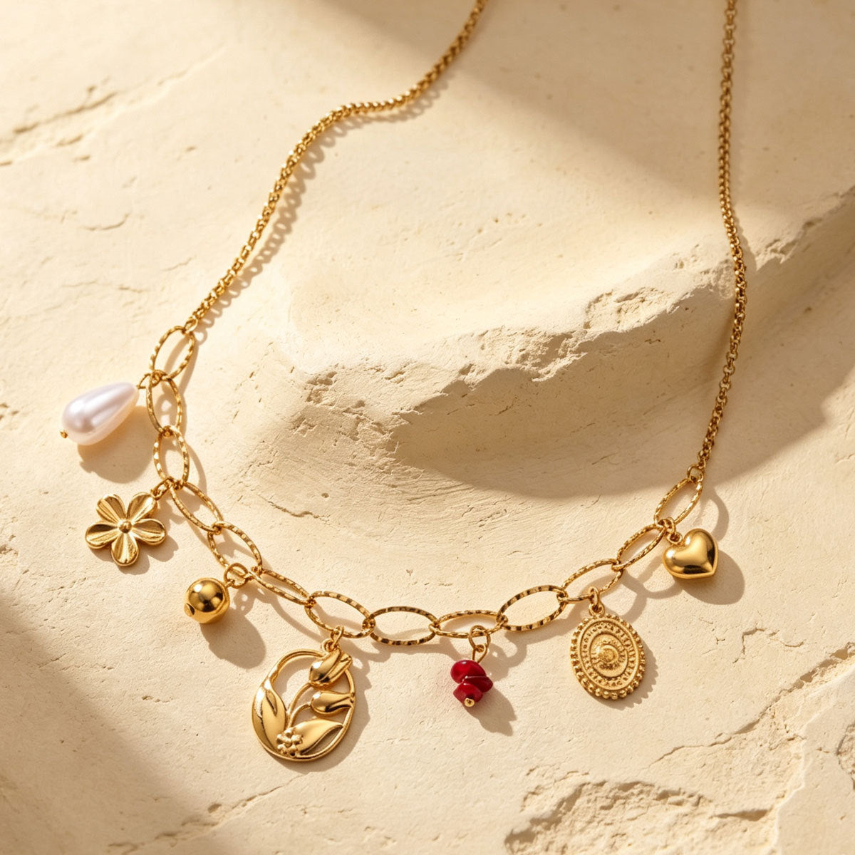 Women Paperclip Multi Charm Necklace, Vintage Coin Flower Heart Tulip Faux Pearl Beaded Chain PVD Gold Plated Adjustable Collarbone Jewelry For Daily Vacation Gift