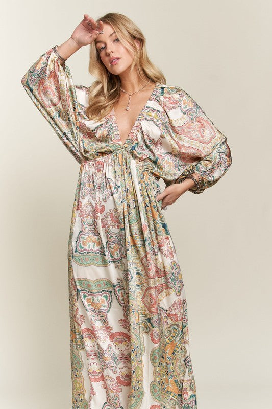 Abstract Print V-Neck Satin Batwing Sleeve Dress for Women