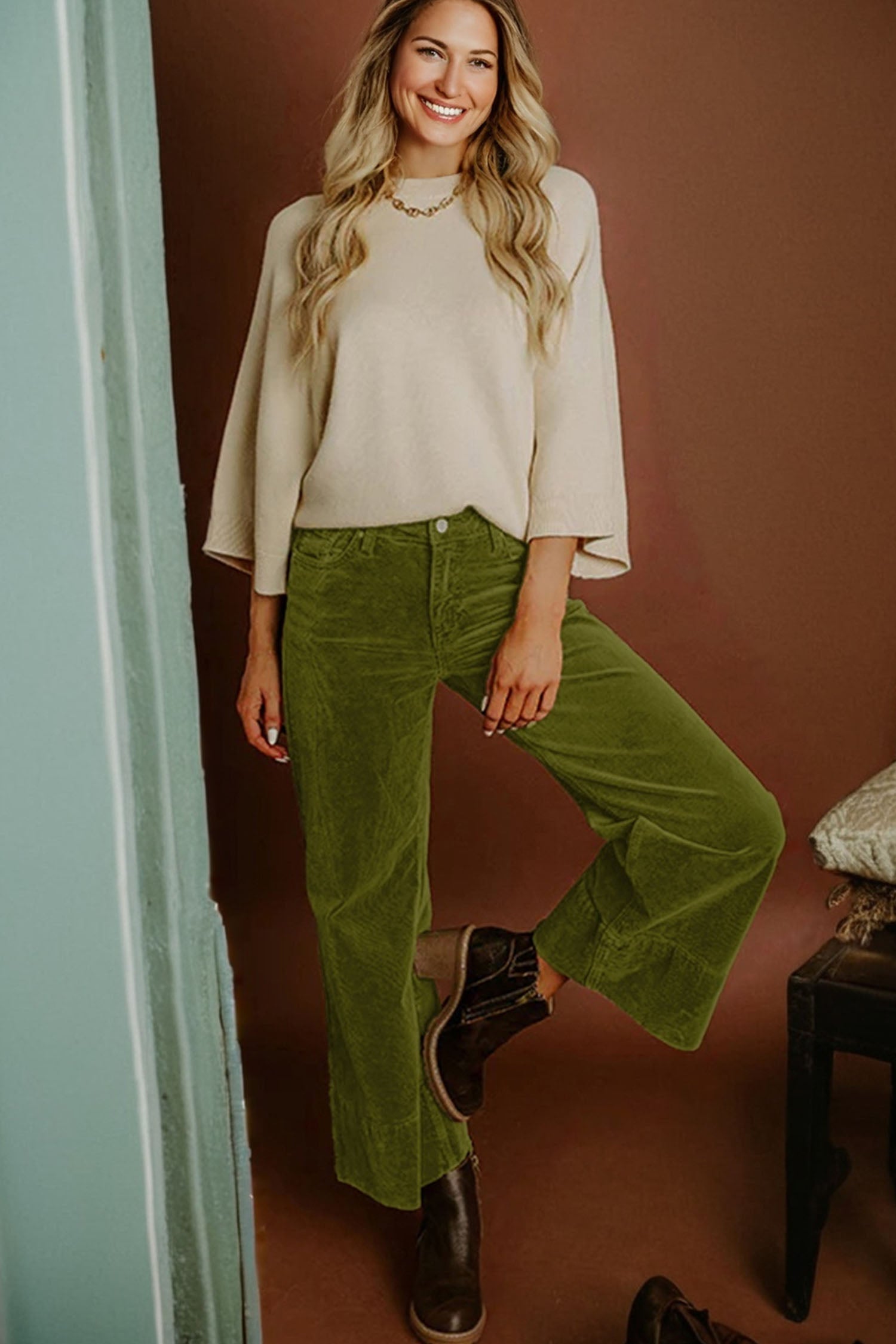 Solid Corduroy High Waist Wide Leg Pants