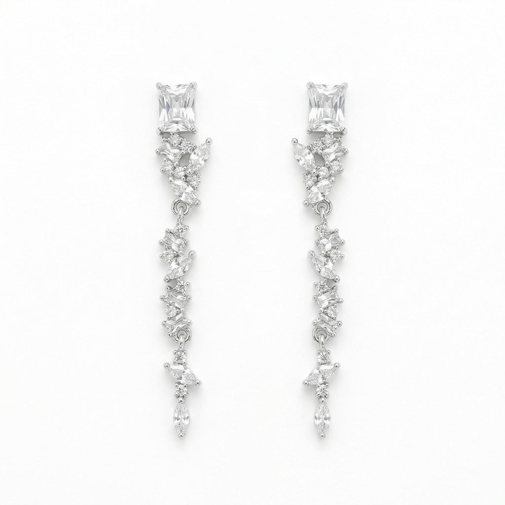 925 Sterling Silver Elegant Silver Crystal Dangle Earrings with Marquise and Radiant Cut Stones for Bridal Wear