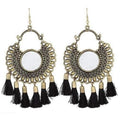 German silver mirror style Chandbali earrings with black silk thread accents