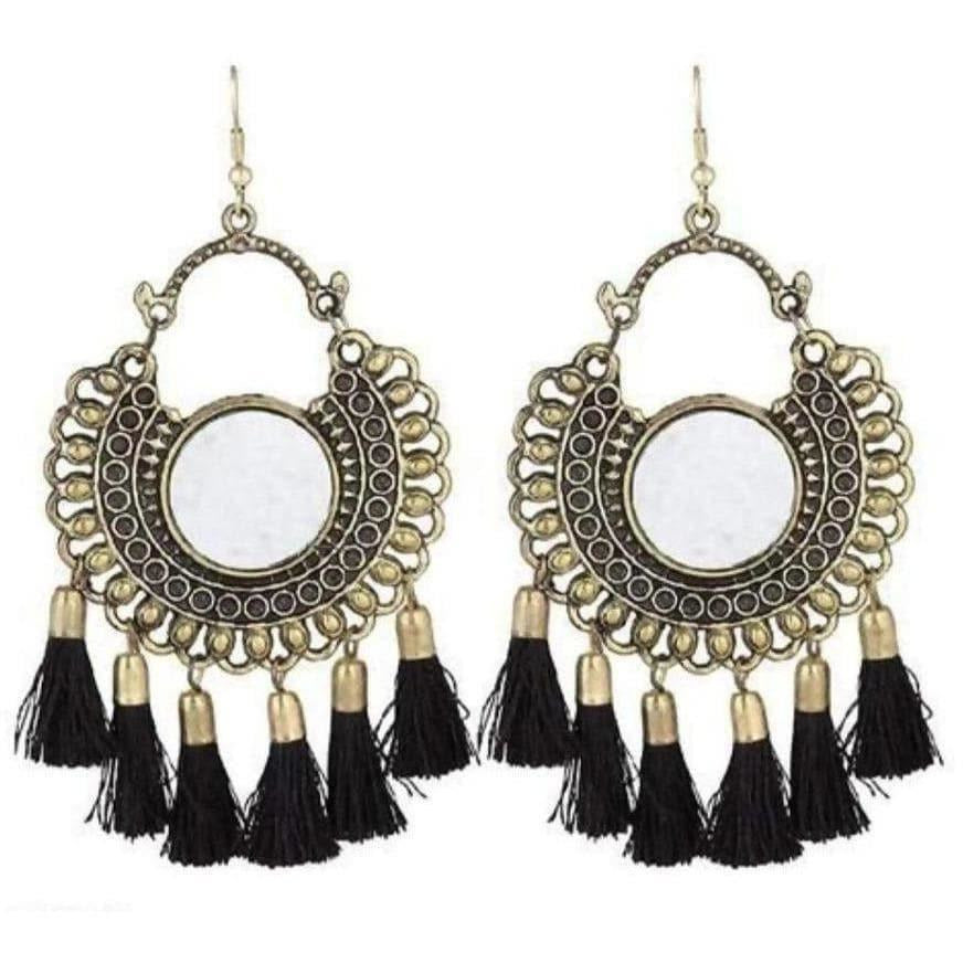 German silver mirror style Chandbali earrings with black silk thread accents