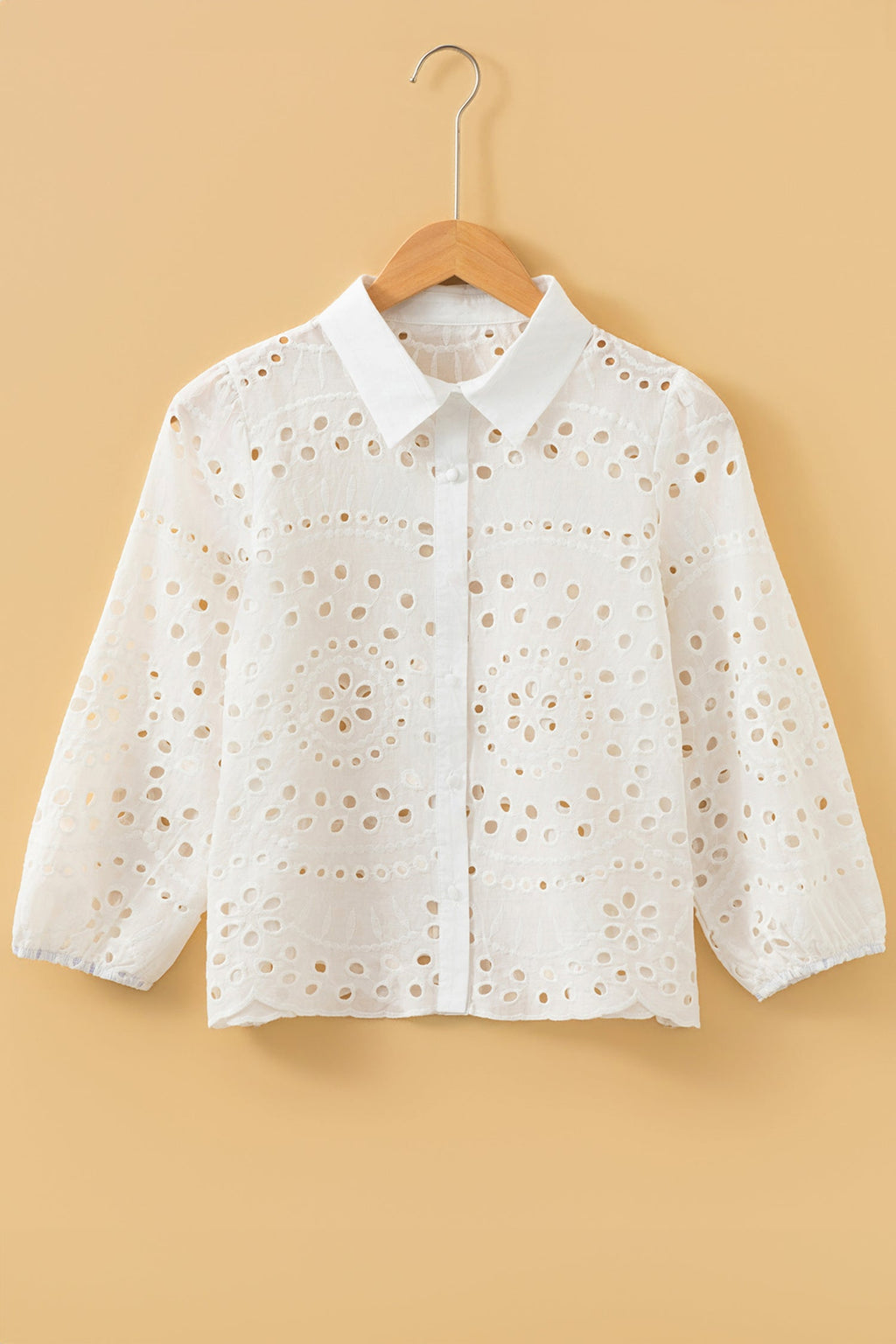 Eyelet Embroidered Puff Sleeve Cropped Cotton Shirt