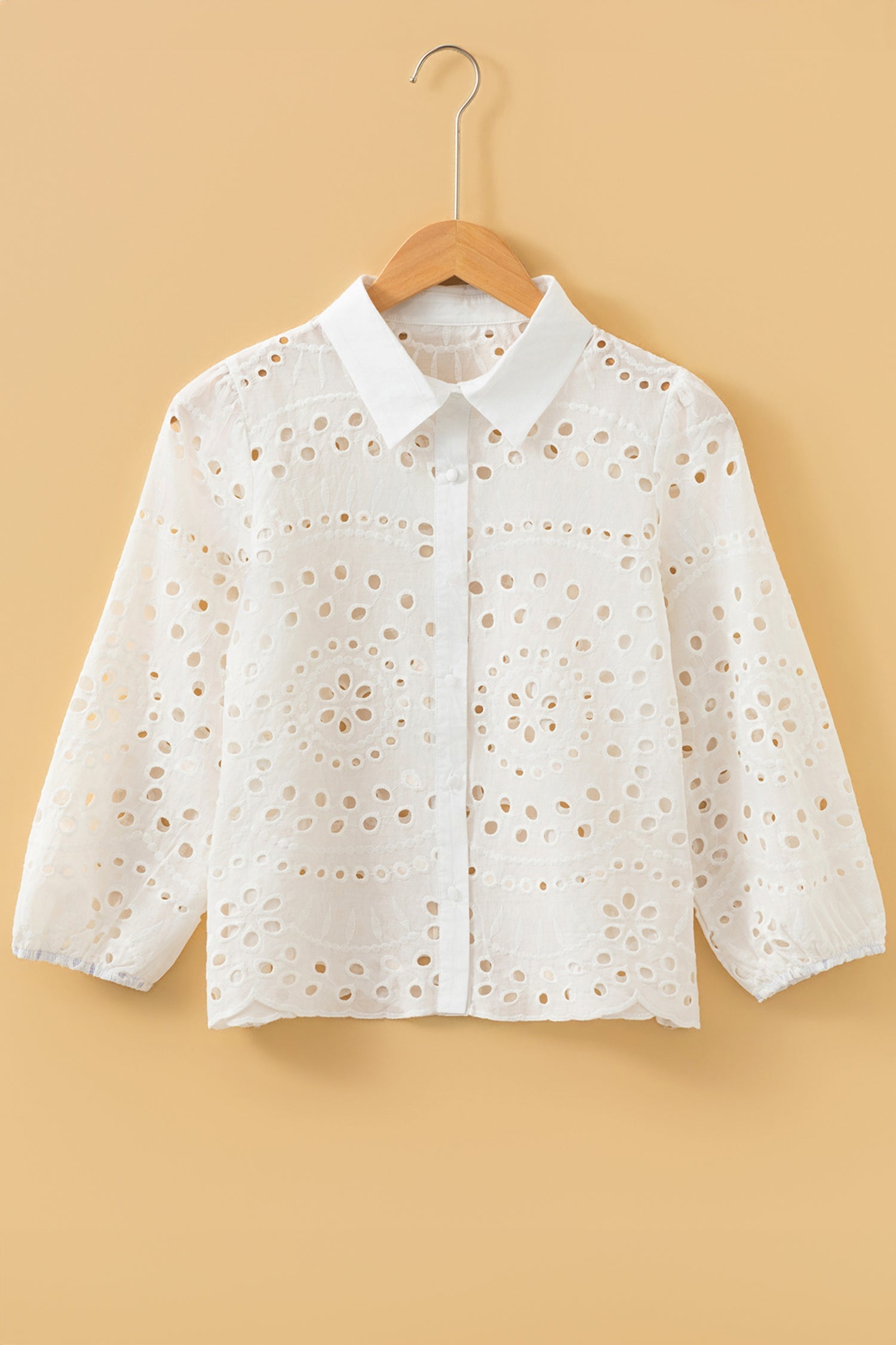 Eyelet Embroidered Puff Sleeve Cropped Cotton Shirt