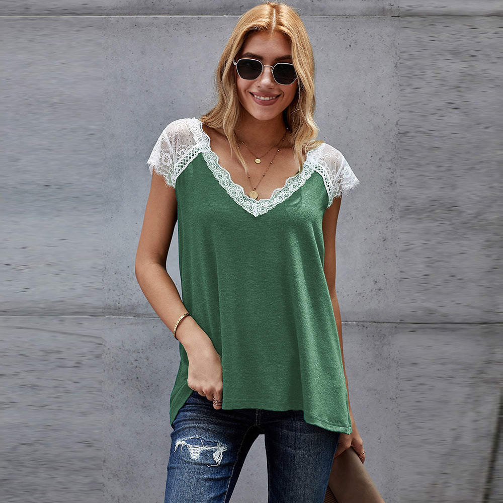 Women's Lace Knit Vest Top  European Style V-Neck T-Shirt