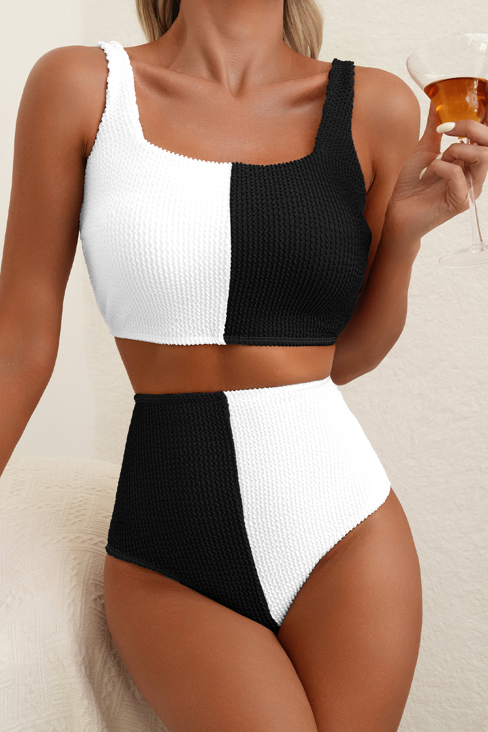 Black Corded Square Neck Bikini Swimsuit