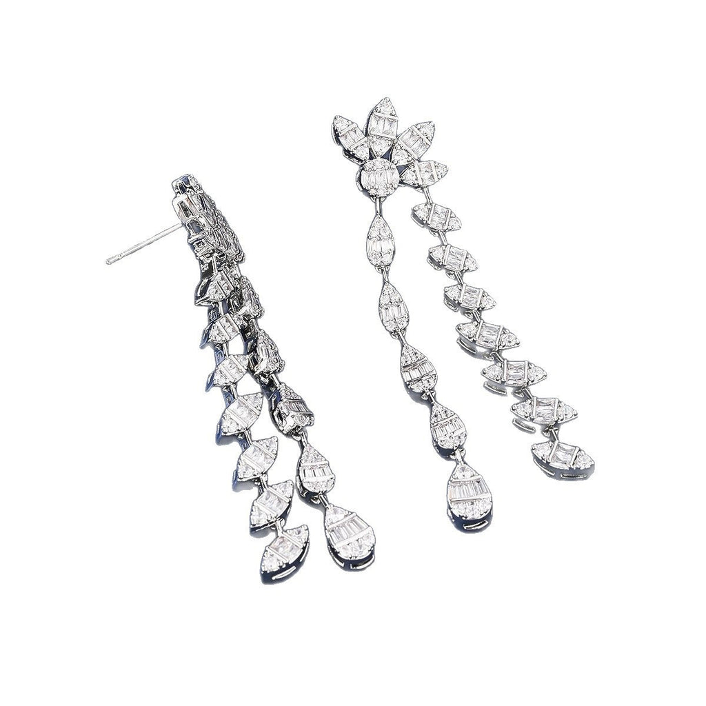 Floral Diamond Leaf Earrings, Pave Crystal Drop Earrings Silver
