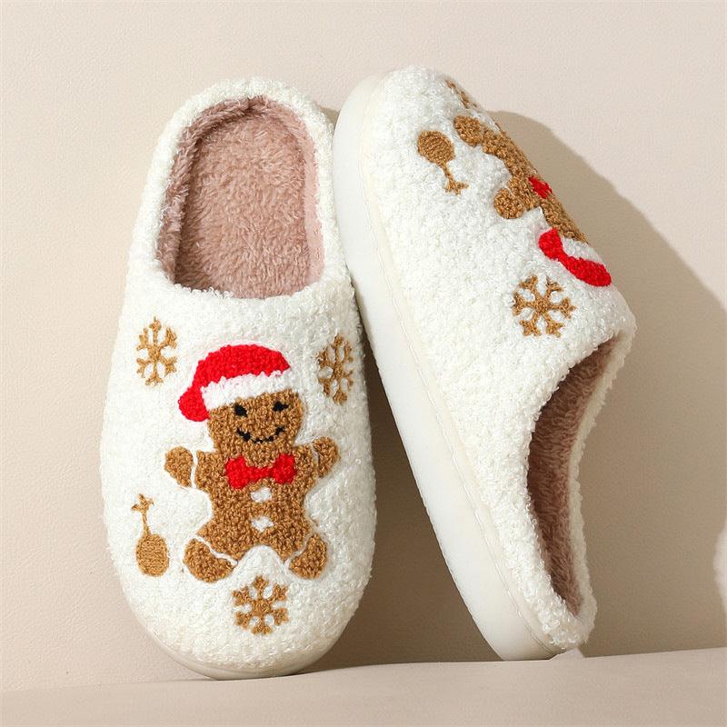 Gingerbread Man Christmas Slippers, Plush Fleece Warm House Shoes