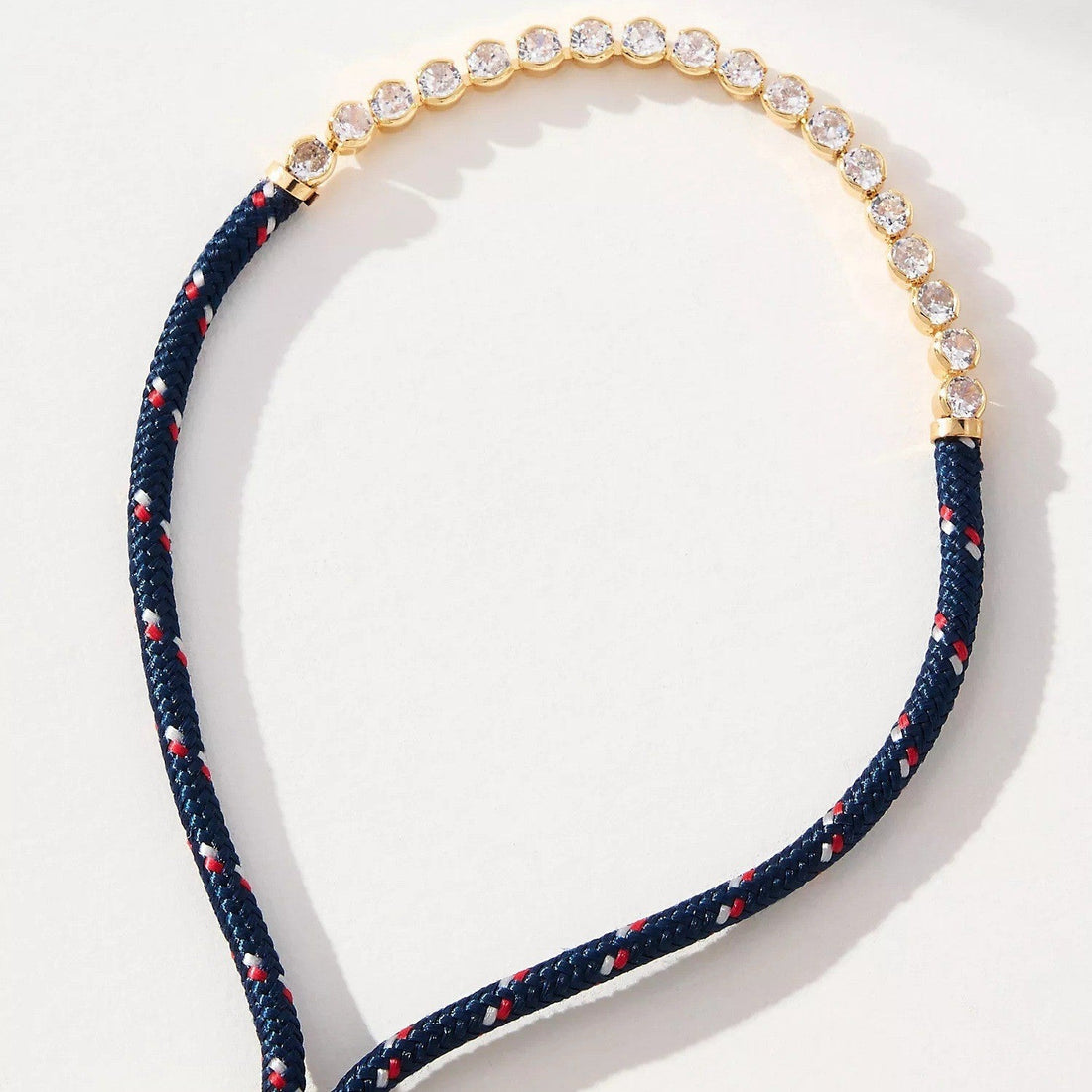 Off-white Brown-striped Woven Necklace with Diamond-encrusted Chain