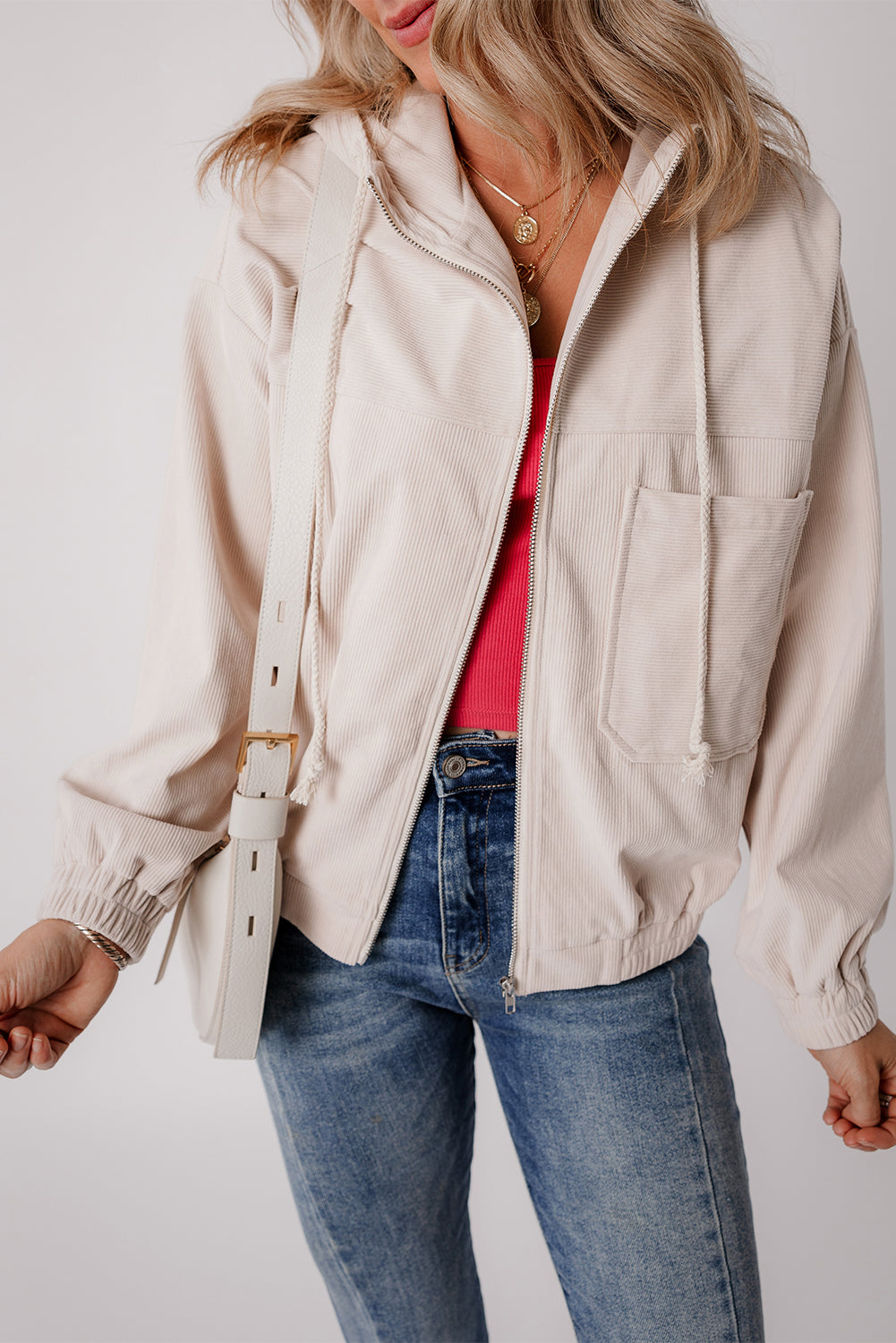 Women's Cream Corduroy Zip-Up Hooded Jacket with Pockets