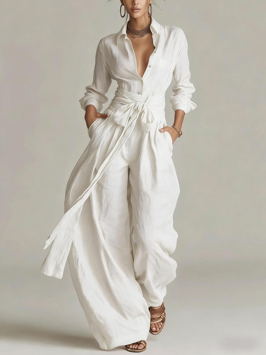 Women Solid Color Long Sleeve Button Down Shirt and Pants Set