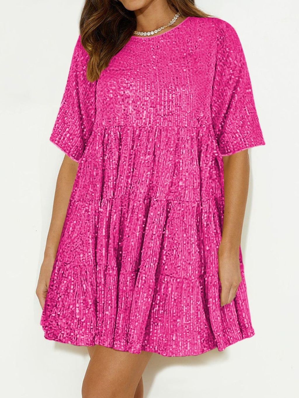 Sequin Round Neck Half Sleeve Mini Dress | Shimmer