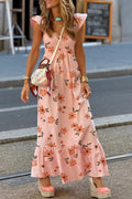 Pink Floral V Neck Smocked High Waist Ruffle Hem Maxi Dress