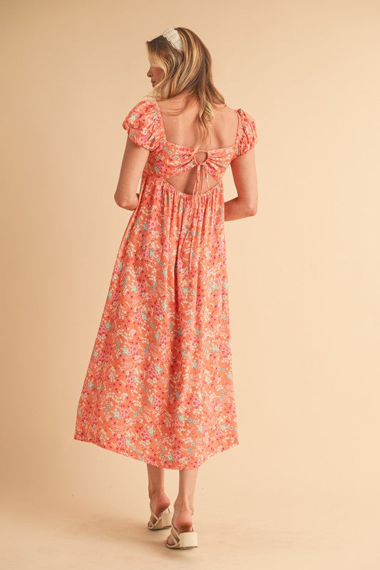 Floral Square Neck Puff Sleeve Midi Dress with Cutout Back
