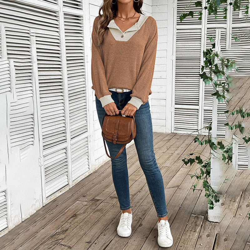 Women’s Color-Block V-Neck Pullover Long Sleeve Knit Sweater - Image 5