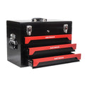 20-inch portable 3-drawer steel tool box in black and red with metal latches