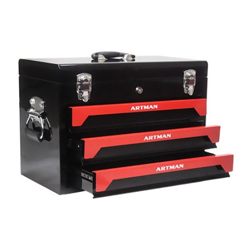 20-inch portable 3-drawer steel tool box in black and red with metal latches