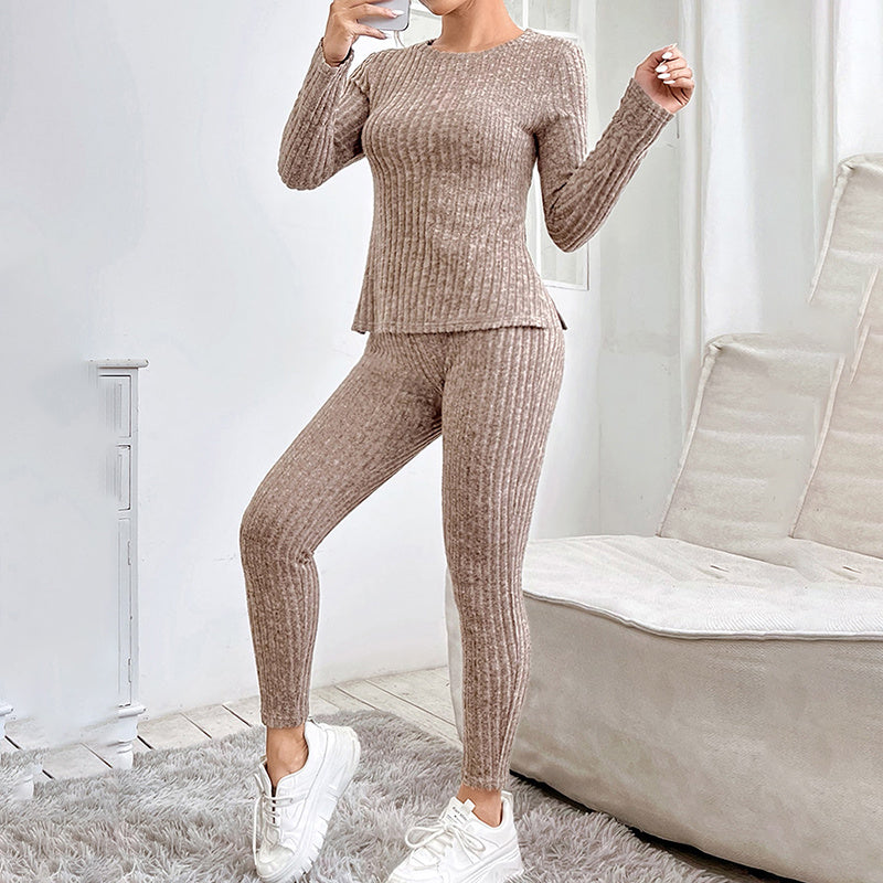 Women's Ribbed Knit Long-Sleeve Tee and Pants Lounge Set - Image 7