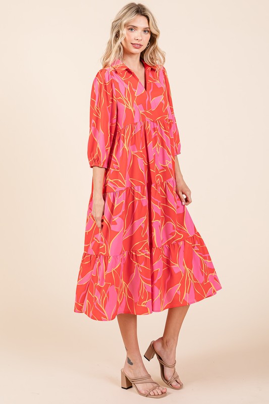 Summer Tiered Printed Collared Midi Dress with Feminine Flair