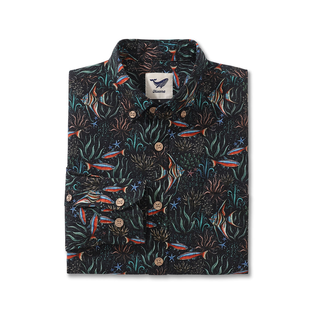 Underwater Blues Print Long Sleeve Cotton Hawaiian Aloha Shirt