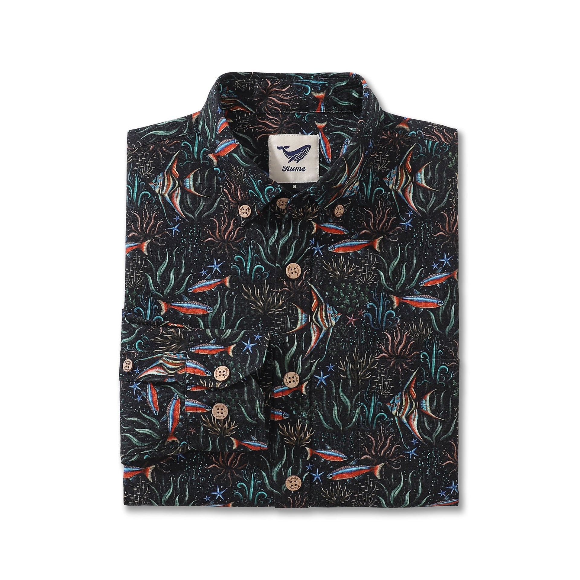 Underwater Blues Print Long Sleeve Cotton Hawaiian Aloha Shirt