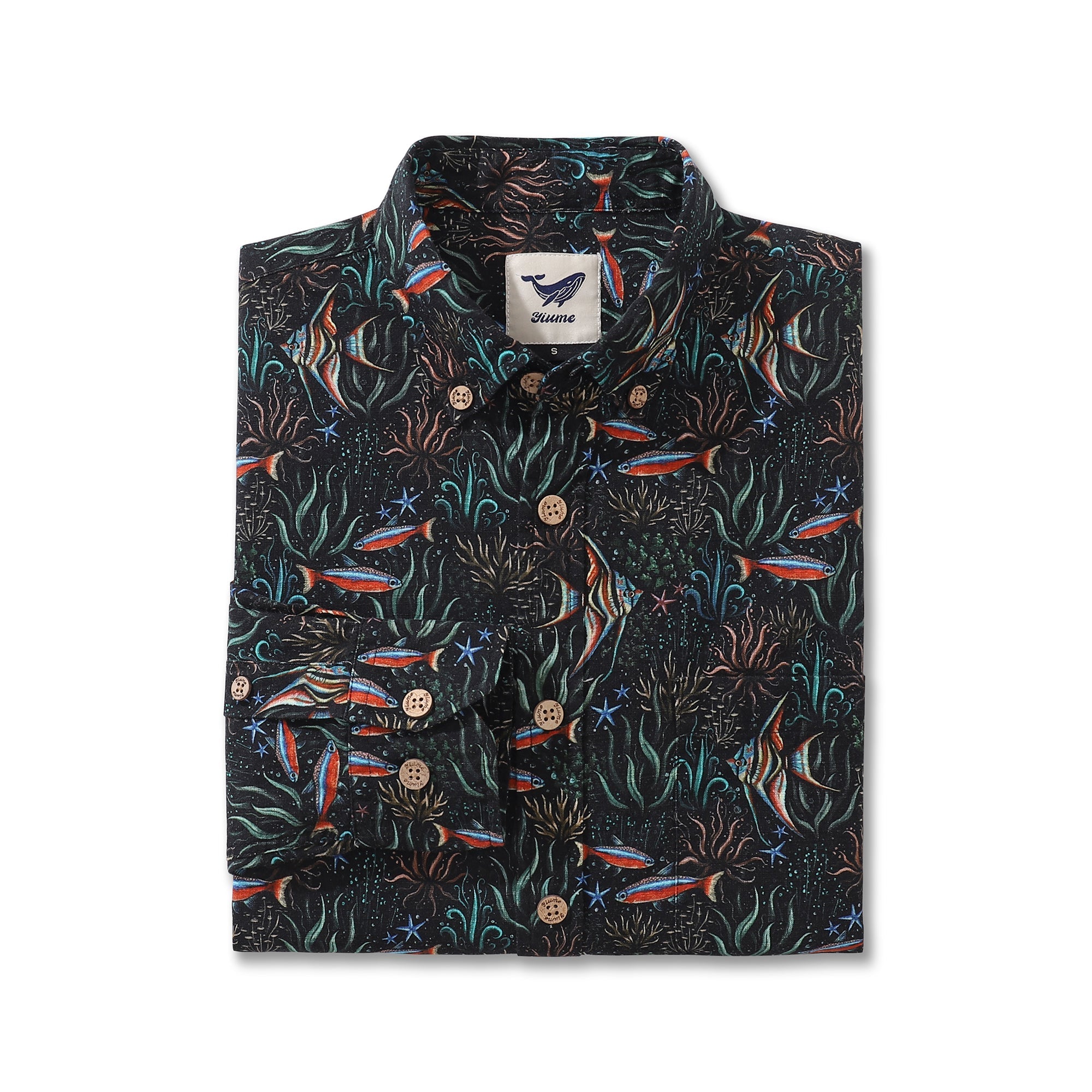 Underwater Blues Print Long Sleeve Cotton Hawaiian Aloha Shirt