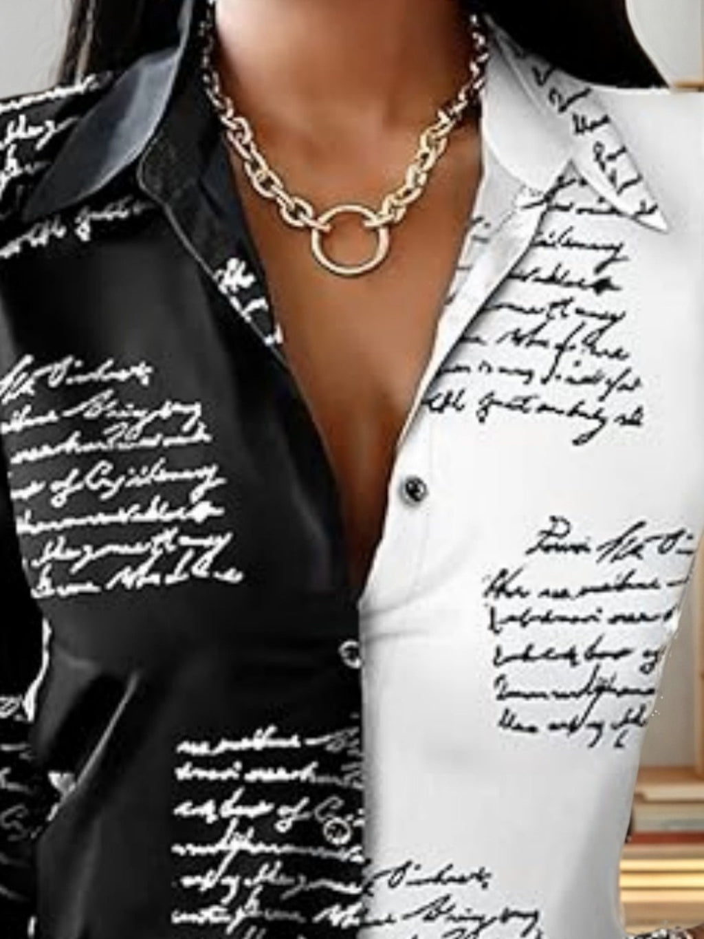 Black and White Script Print Long Sleeve Button-Down Blouse - Image 2