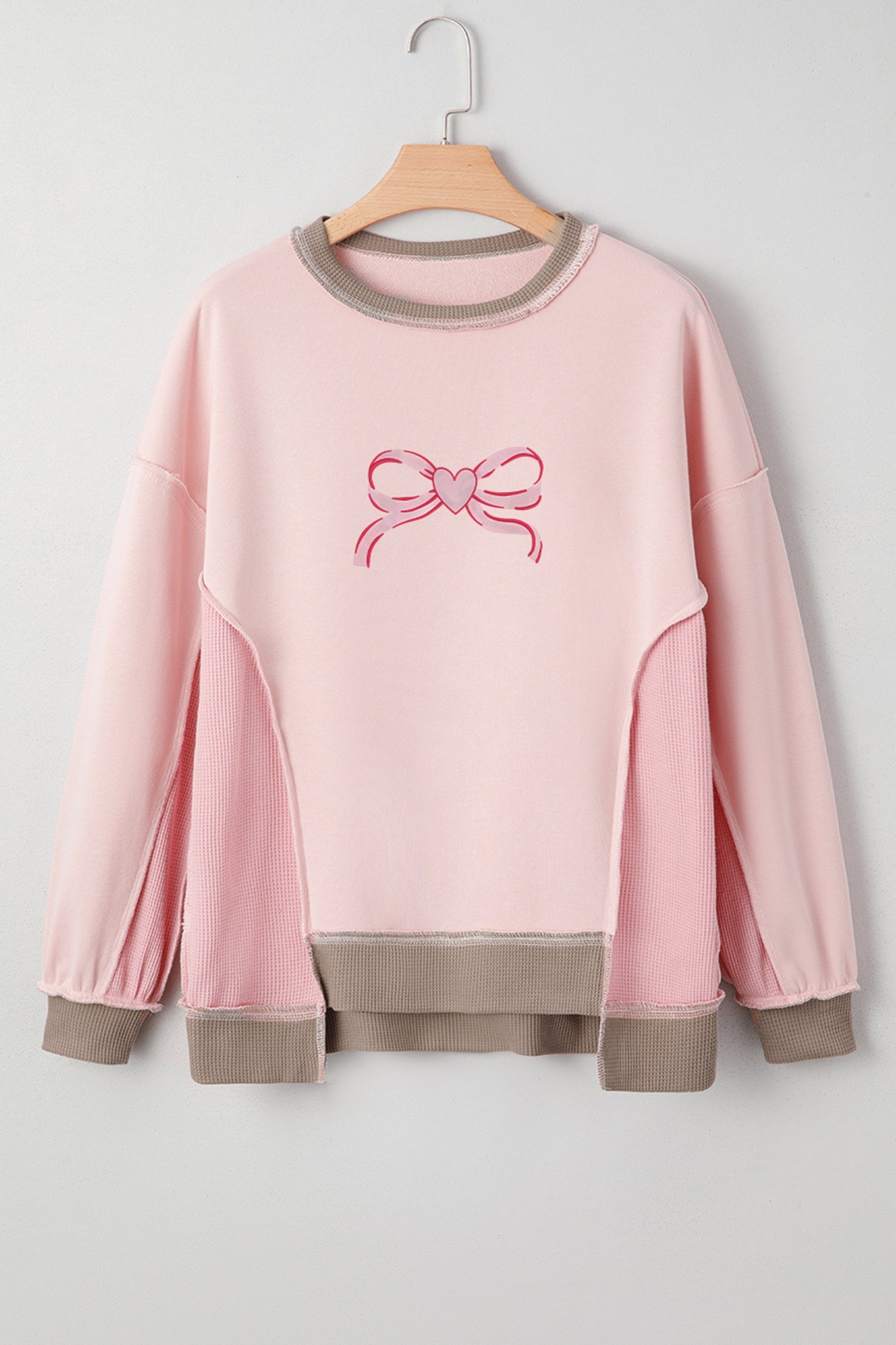 Light Pink Heart Bow Embroidered Waffle Patchwork Sweatshirt